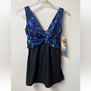 Great Lengths Women’s One-piece Swimsuit Dress Size 12 Black Blue Tummy Control